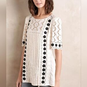 Floreat Anthropologie Veille Peasant Top Blouse Tan Embroidered Beaded Womens 6